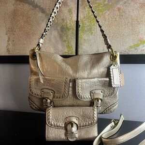 Coach Poppy Hippie Whipstitch Metallic Gold Leather Braided Bag and Wallet Set
